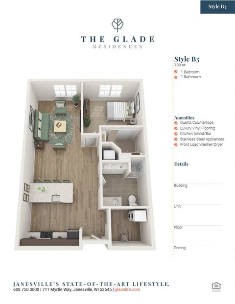 Floor plan for 1 bed, 1 bath, 730 sqft